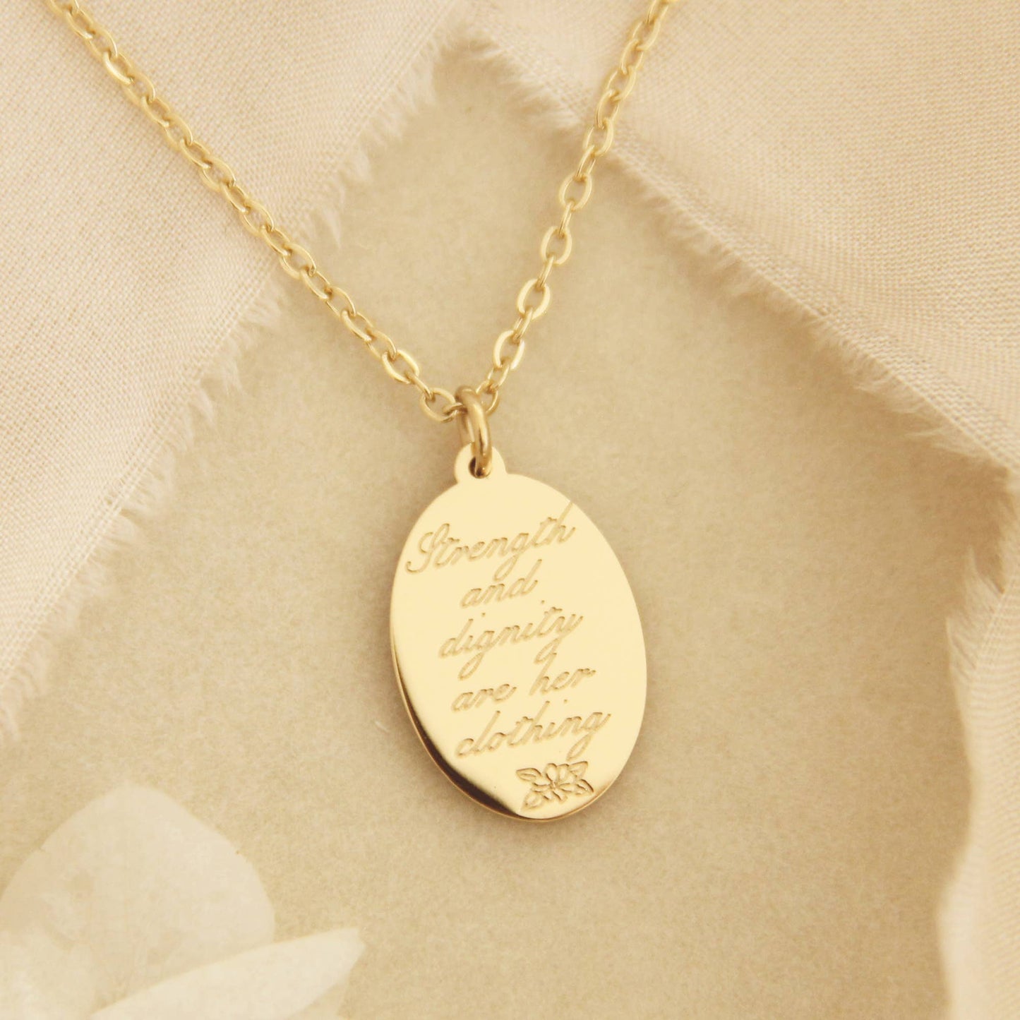 Proverbs 31:25 Necklace, Strength + Dignity are Her Clothing