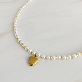 PEARL AND GOLD BAUBLE HEART NECKLACE