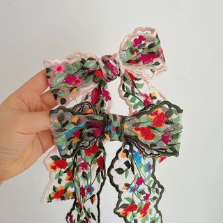 Bold Floral Embroidered Bow Clip