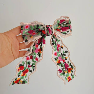 Bold Floral Embroidered Bow Clip