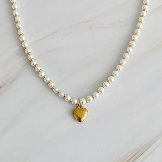 PEARL AND GOLD BAUBLE HEART NECKLACE