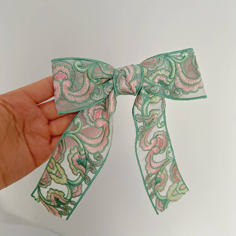Floral Embroidered Bow Clip