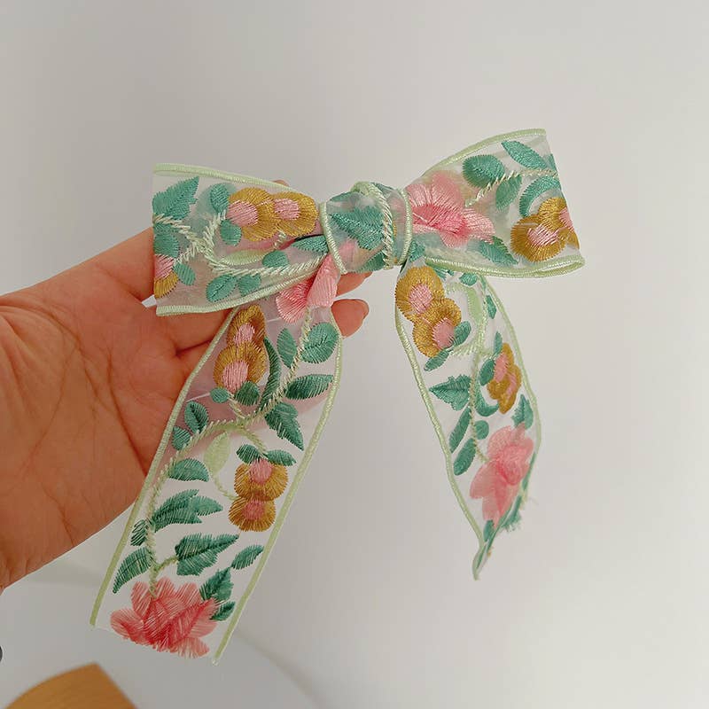 Floral Embroidered Bow Clip