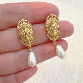 VINTAGE CROSS PEARL DROP EARRINGS